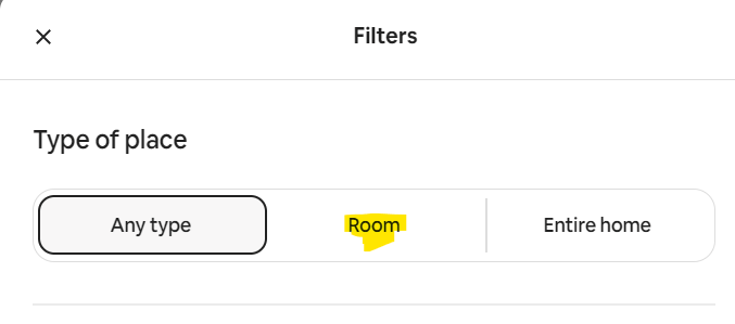 It is a screenshot from Airbnb application where a filter is applied and specifically room is highlighted just to explain the Airbnb accommodation